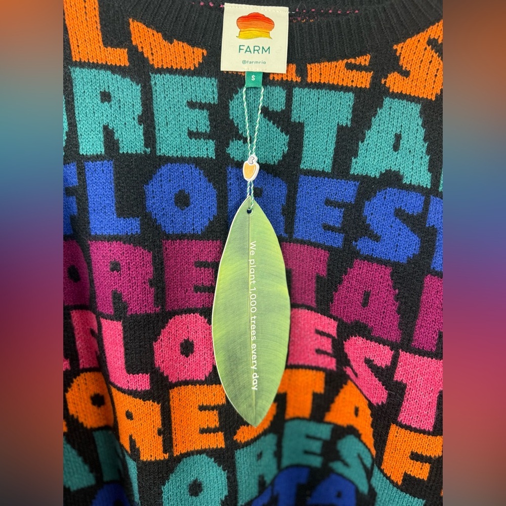 Farm Rio Floresta Wool Blend Sweater Black Multicolor Oversized Size S NWT - Picture 6 of 6